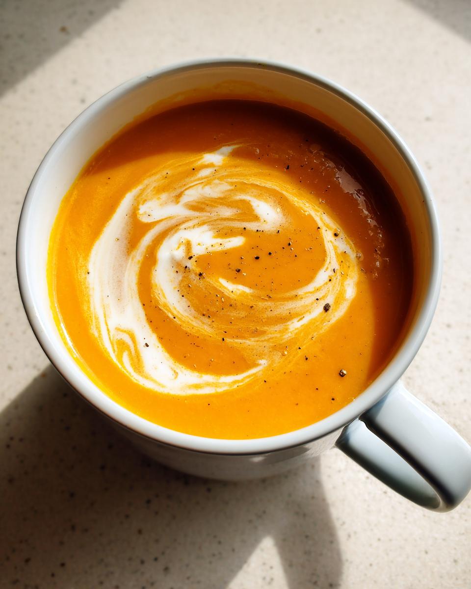 Overhead view of bright orange squash soup in a white mug, swirled with cream and topped with black pepper.