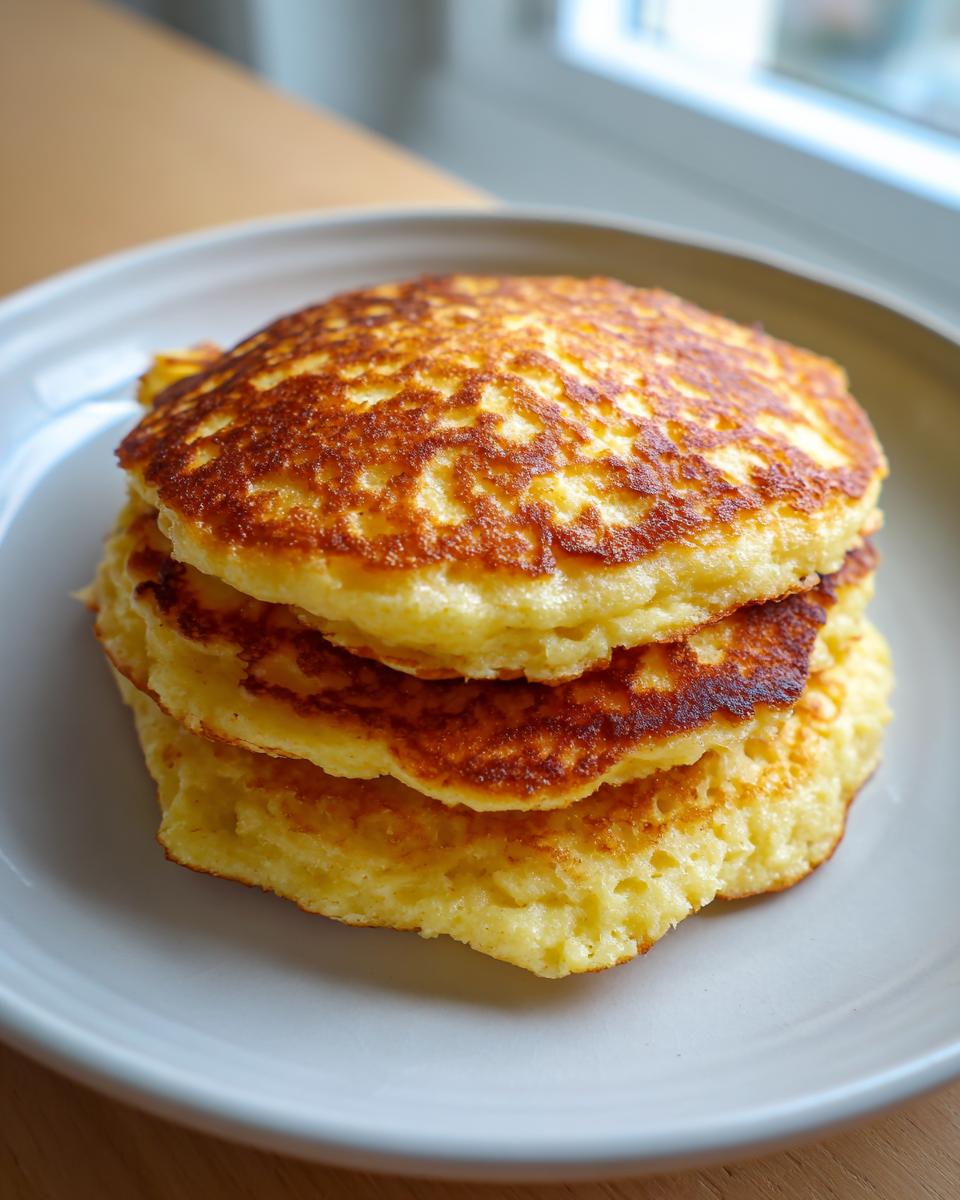 A stack of three fluffy, golden-brown coconut flour pancakes on a light gray plate.