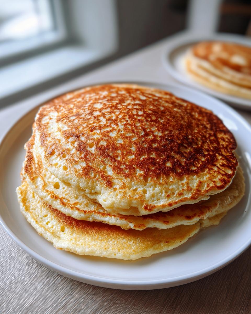 Close-up of a stack of three perfectly golden brown coconut flour pancakes on a white plate.