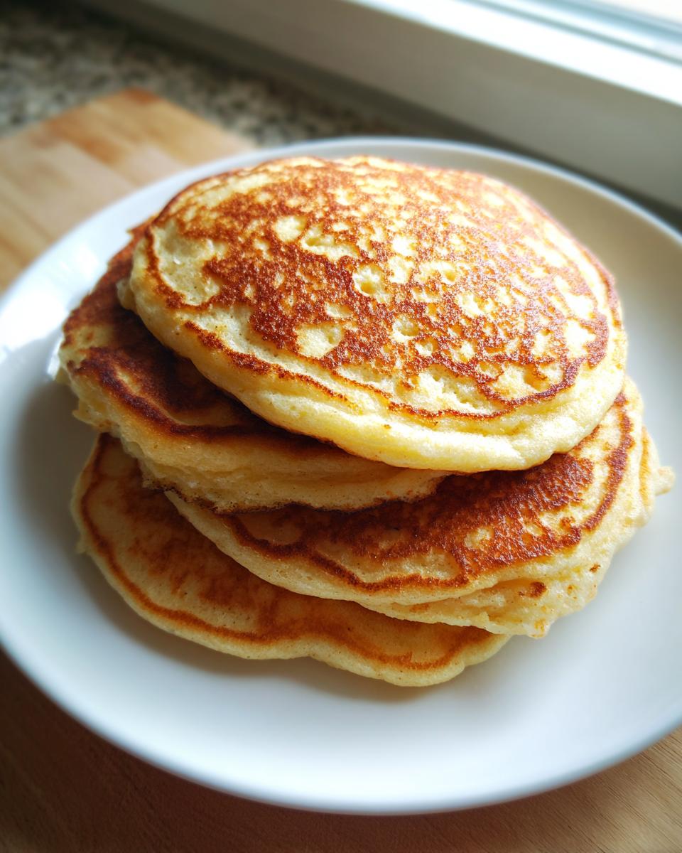 A close-up of a stack of three golden-brown coconut flour pancakes on a white plate.