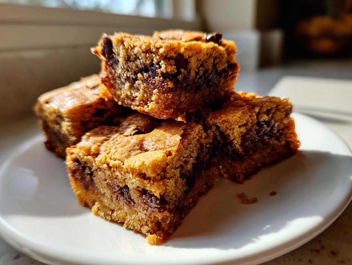 A stack of four rich, chewy cake mix cookie bars loaded with melted chocolate chips on a white plate.