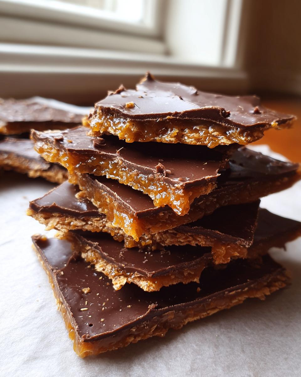 A stack of homemade saltine cracker toffee squares showing the crunchy base, caramel layer, and chocolate topping.