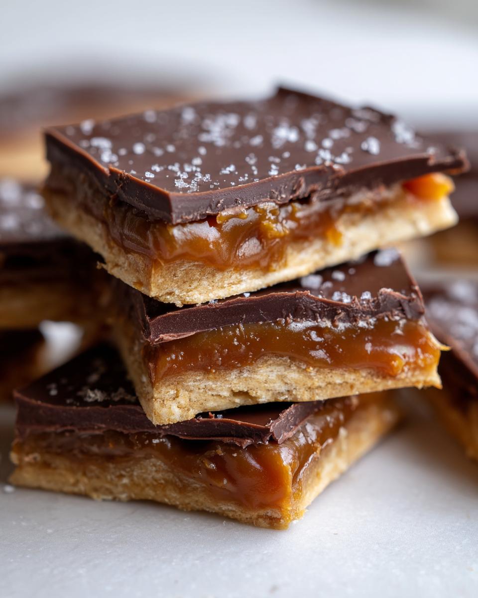 Close-up of three stacked saltine cracker toffee bars showing layers of crust, caramel, and chocolate topped with sea salt.