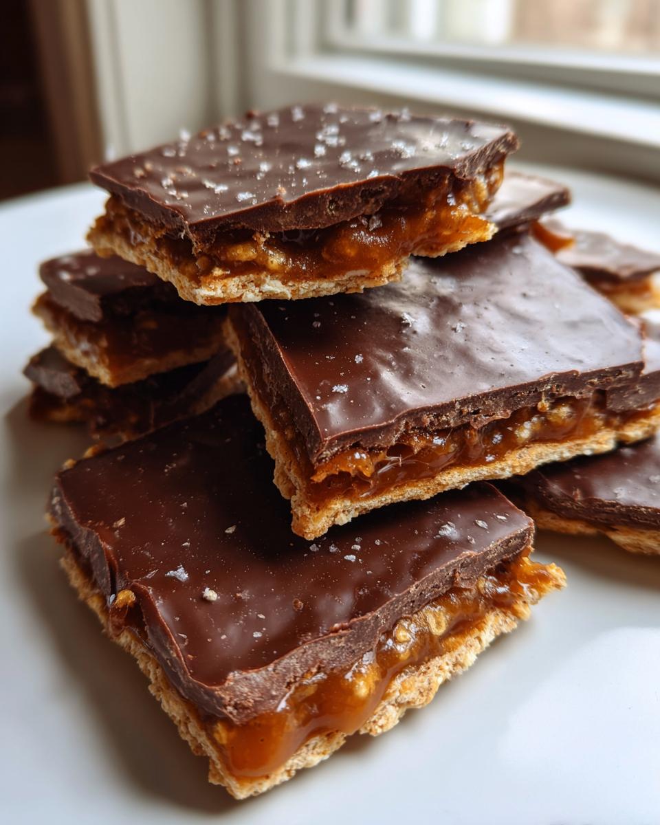 A stack of square pieces of saltine cracker toffee topped with melted chocolate and sea salt flakes.