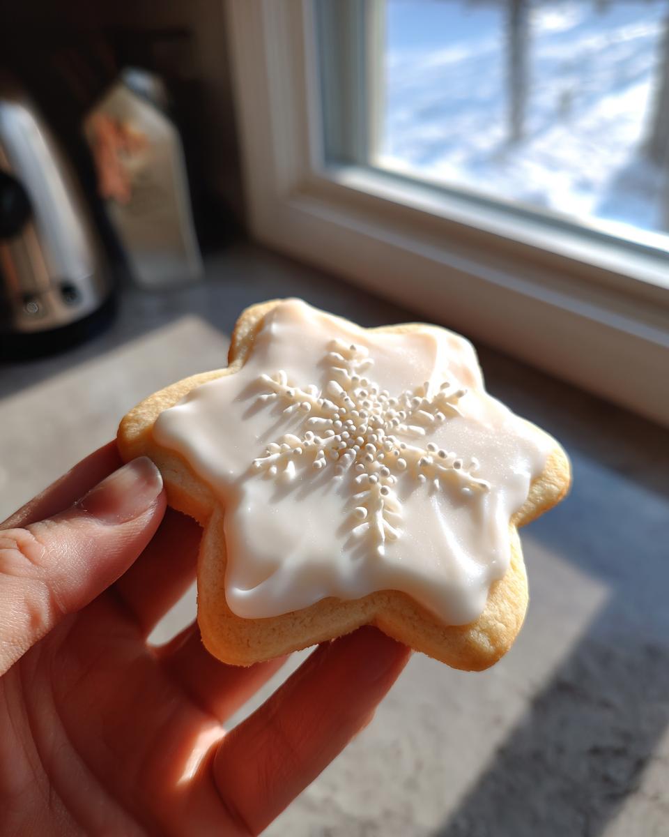A hand holding a star-shaped sugar cookie topped with smooth white cookie icing recipe and white snowflake sprinkles.