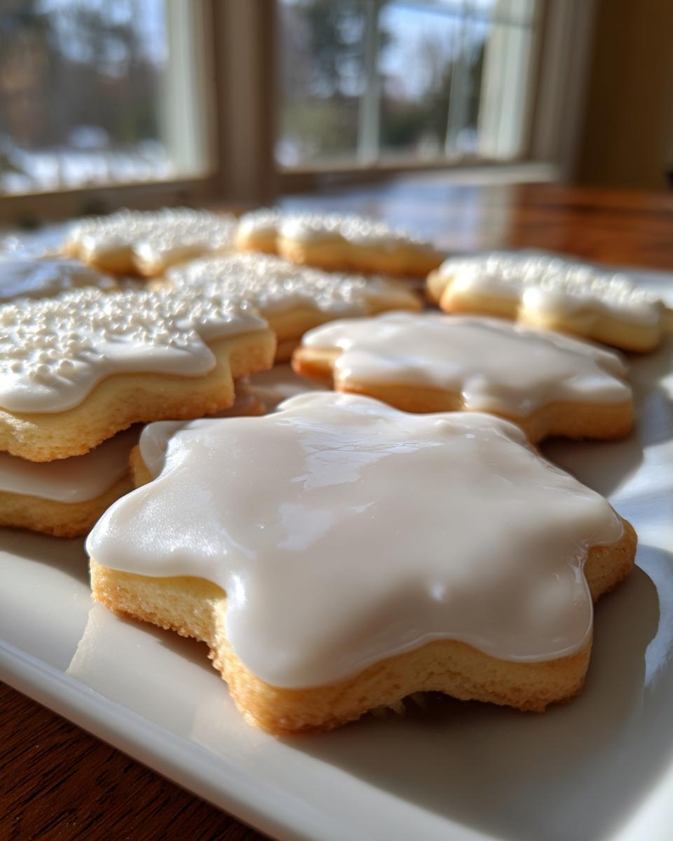 Close-up of star-shaped sugar cookies topped with a smooth, glossy white cookie icing recipe.