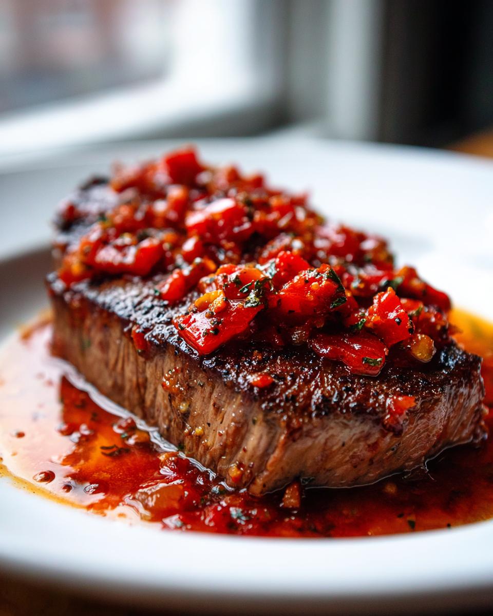 Close-up of a thick, seared steak topped with chunky red tomato sauce, served in its juices, a perfect Steak Pizzaiola.