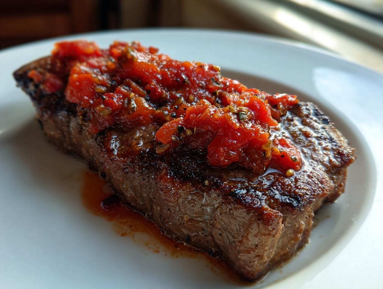 Close-up of a thick, seared steak topped with chunky tomato sauce, ready to serve as Steak Pizzaiola.