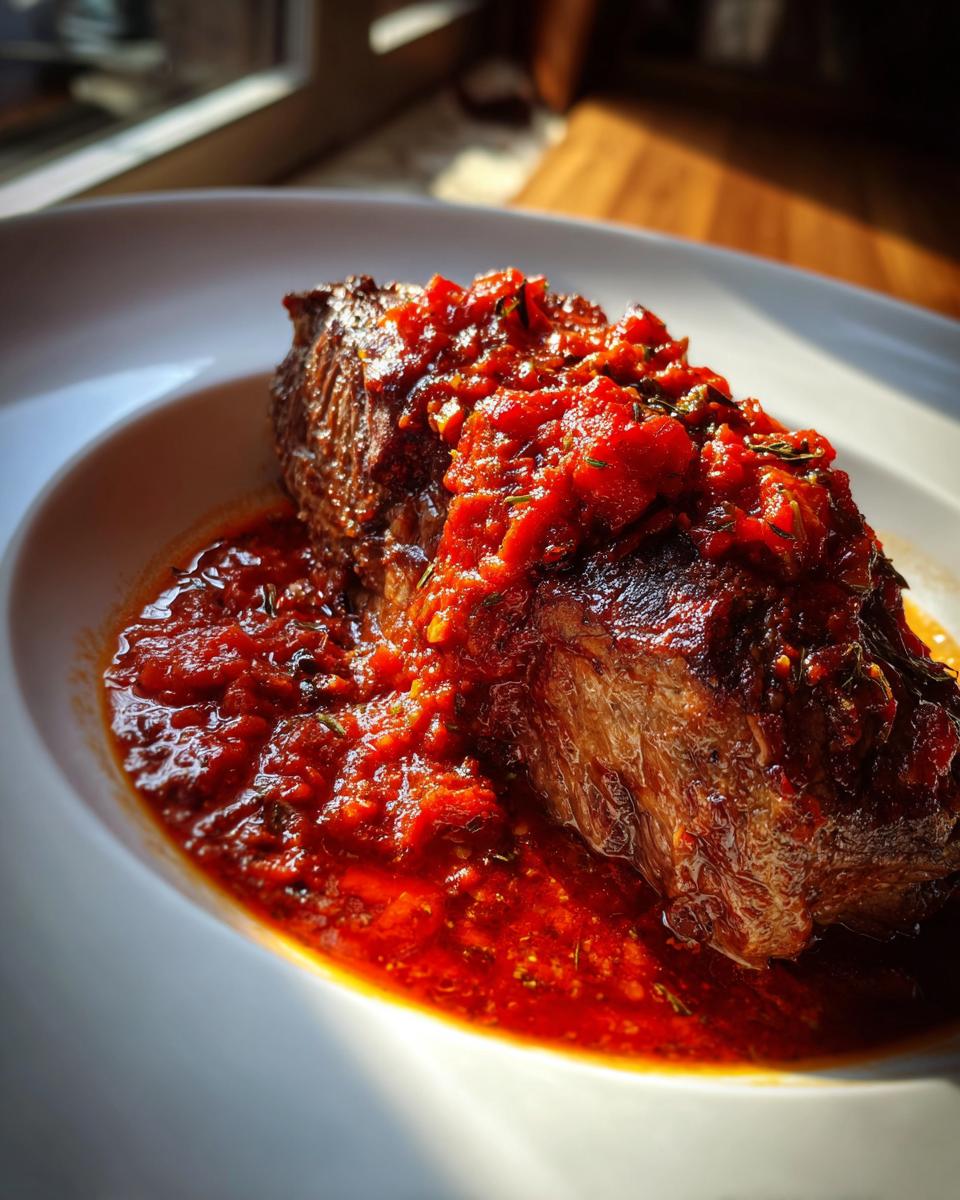 Close-up of a tender piece of steak pizzaiola smothered in a vibrant, chunky red tomato sauce.