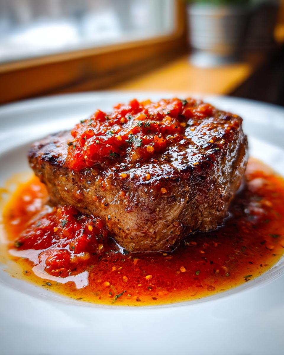 Close-up of a thick, seared steak topped with chunky tomato sauce, served in a pool of red sauce, classic steak pizzaiola.