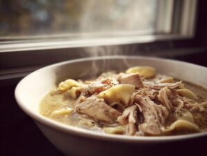 Close-up of a steaming white bowl filled with rich broth, shredded chicken, and flat dumplings, representing the best chicken and dumpling recipe.