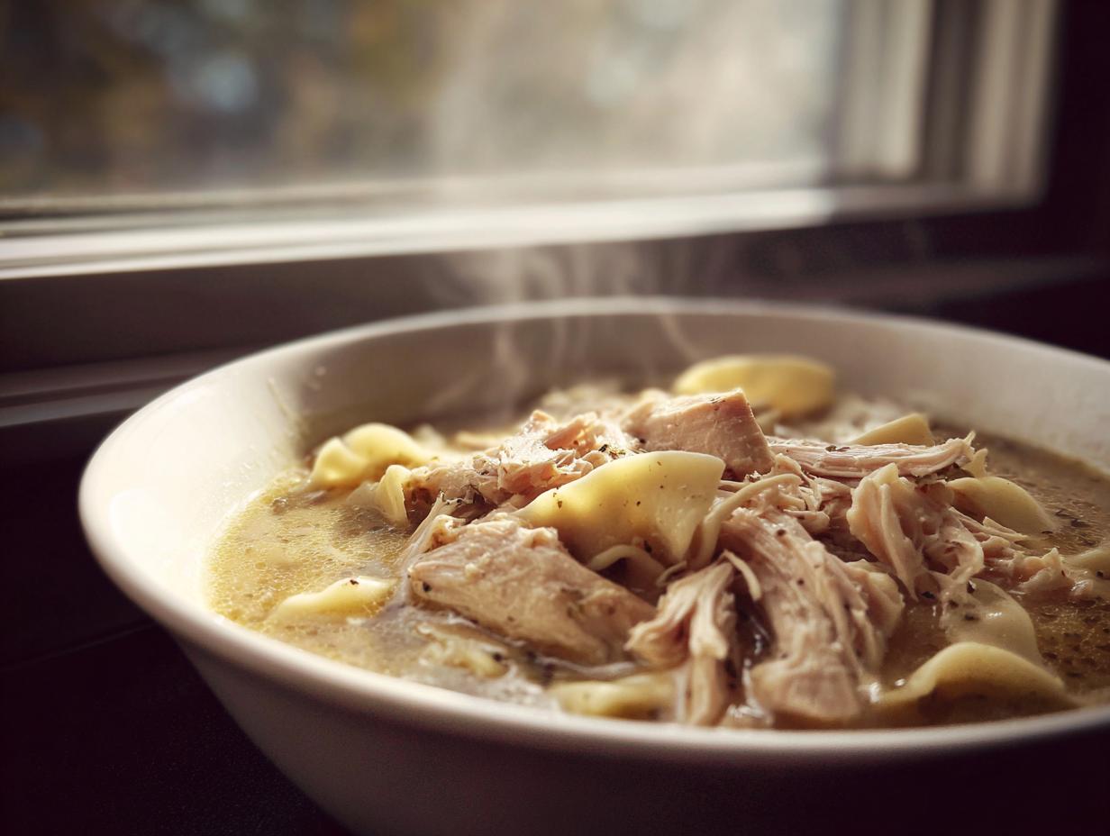 Close-up of a steaming white bowl filled with rich broth, shredded chicken, and flat dumplings, representing the best chicken and dumpling recipe.