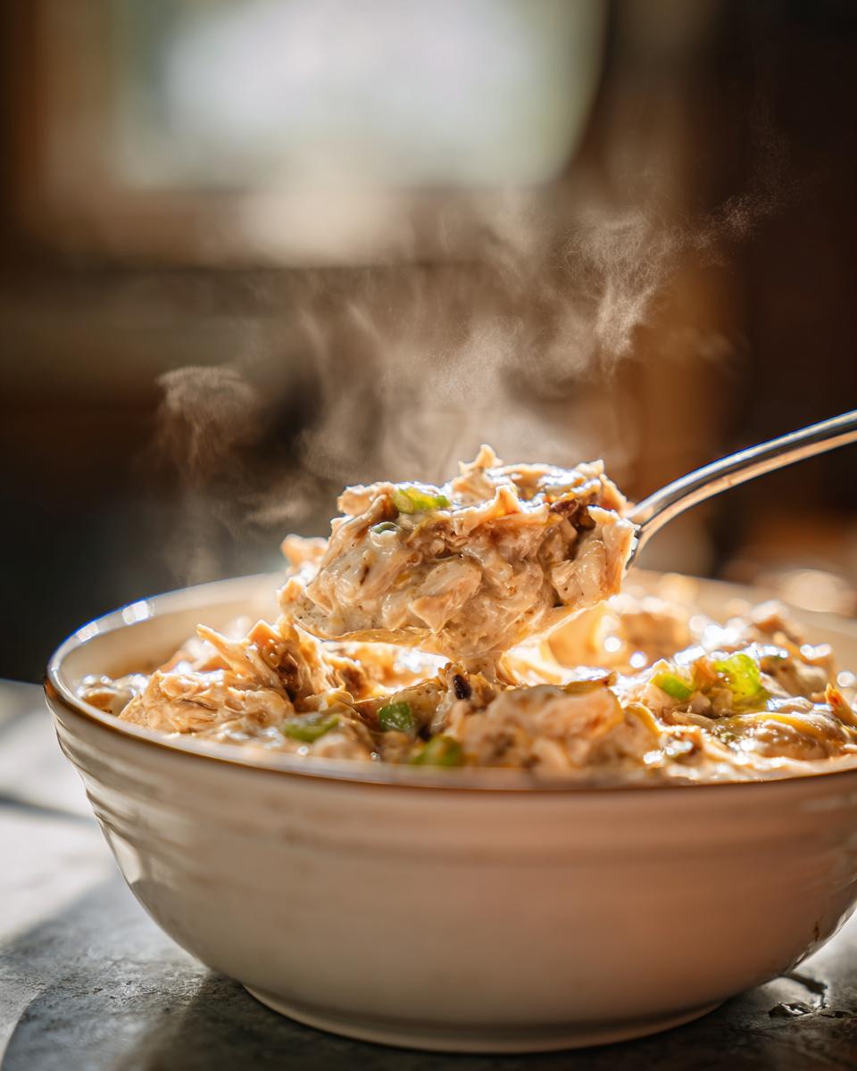 A spoonful of hot, steaming cream cheese chicken chili being lifted from a white bowl.