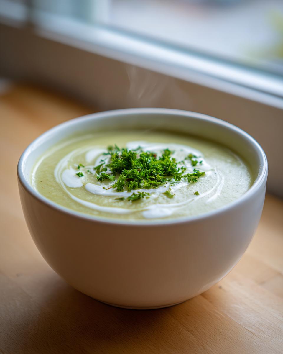 Close-up of a steaming white bowl filled with creamy celery soup, garnished with cream swirls and fresh parsley.
