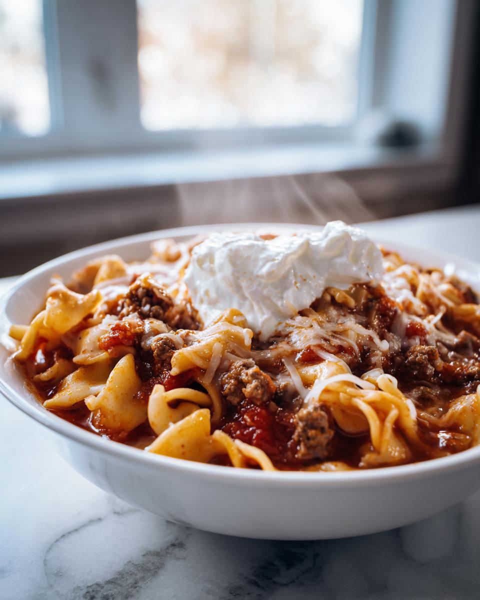 A steaming white bowl filled with crockpot lasagna soup, featuring pasta, meat sauce, melted cheese, and a dollop of ricotta.