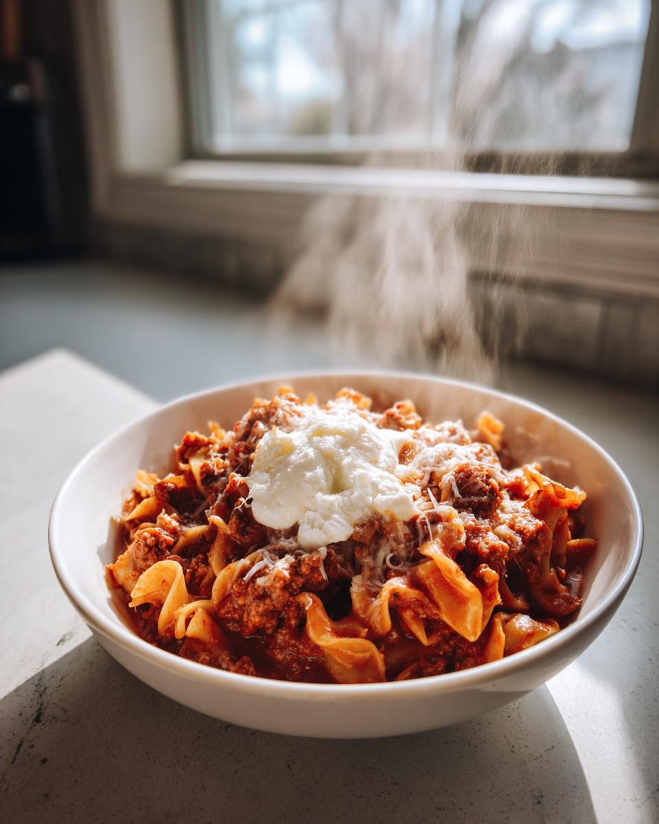 A steaming white bowl filled with hearty crockpot lasagna soup topped with ricotta cheese and grated parmesan.
