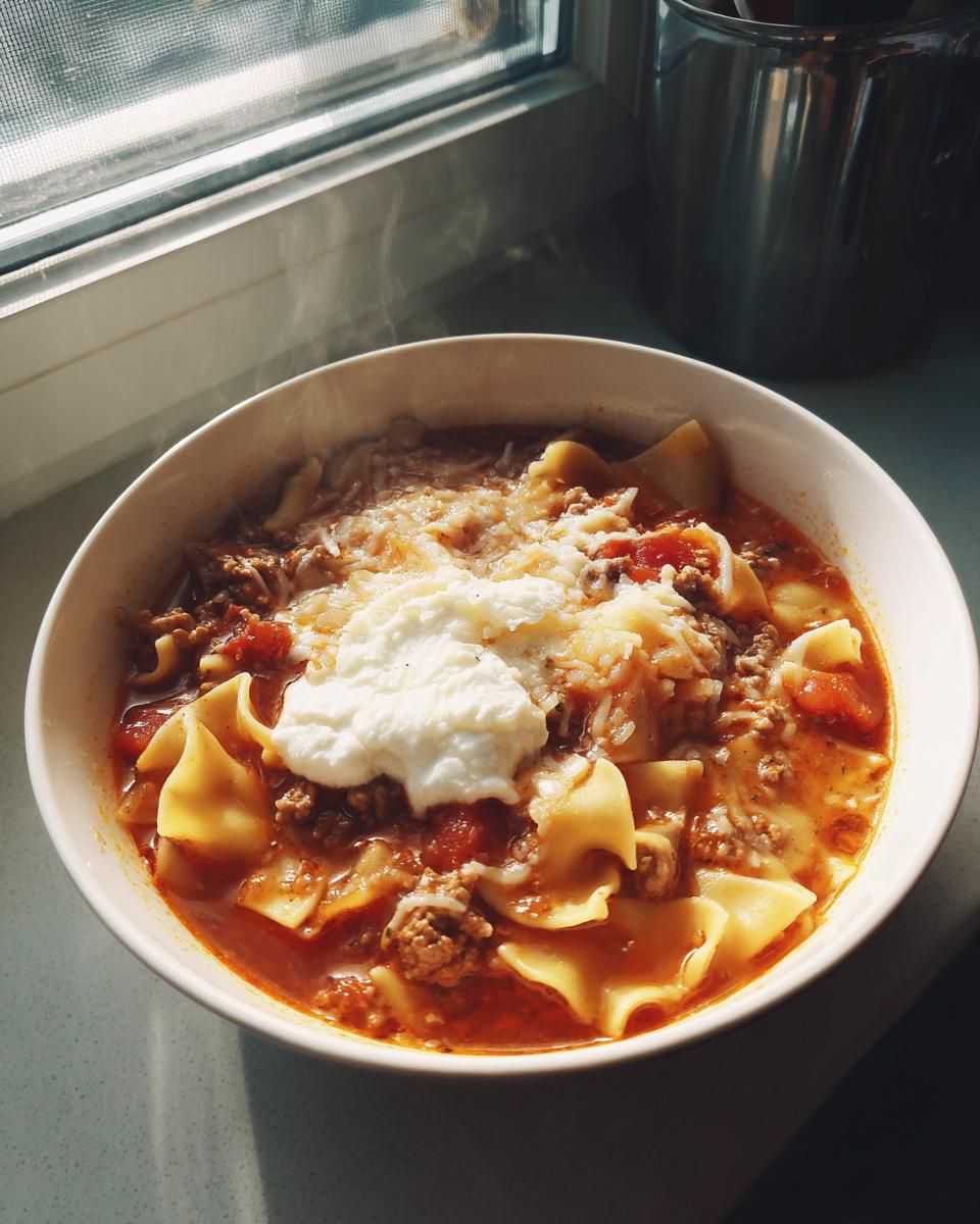 A steaming white bowl of hearty crockpot lasagna soup topped with ricotta and shredded cheese.