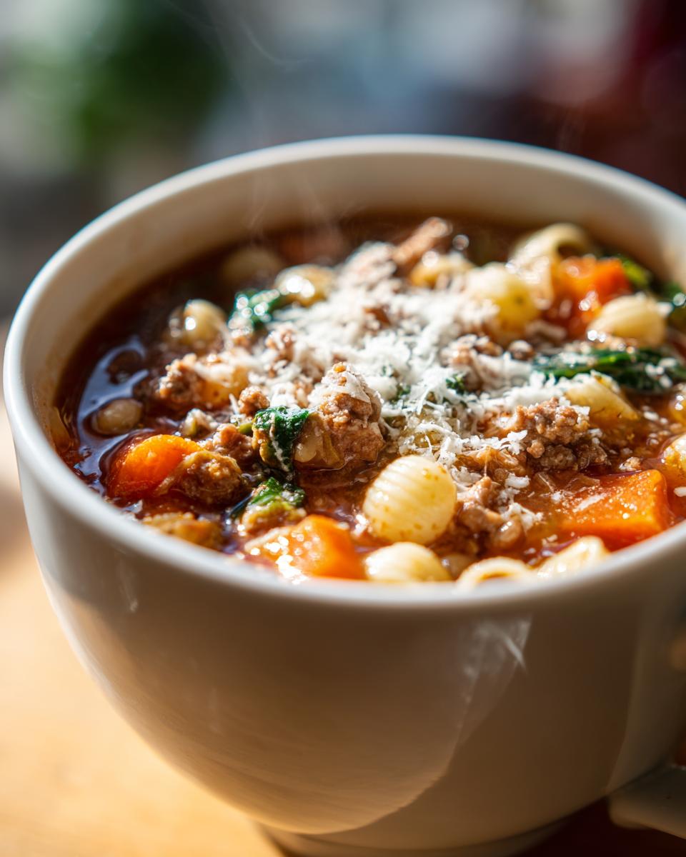 Close-up of a steaming white bowl filled with hearty pasta e fagioli, topped with ground meat, vegetables, and grated Parmesan cheese.