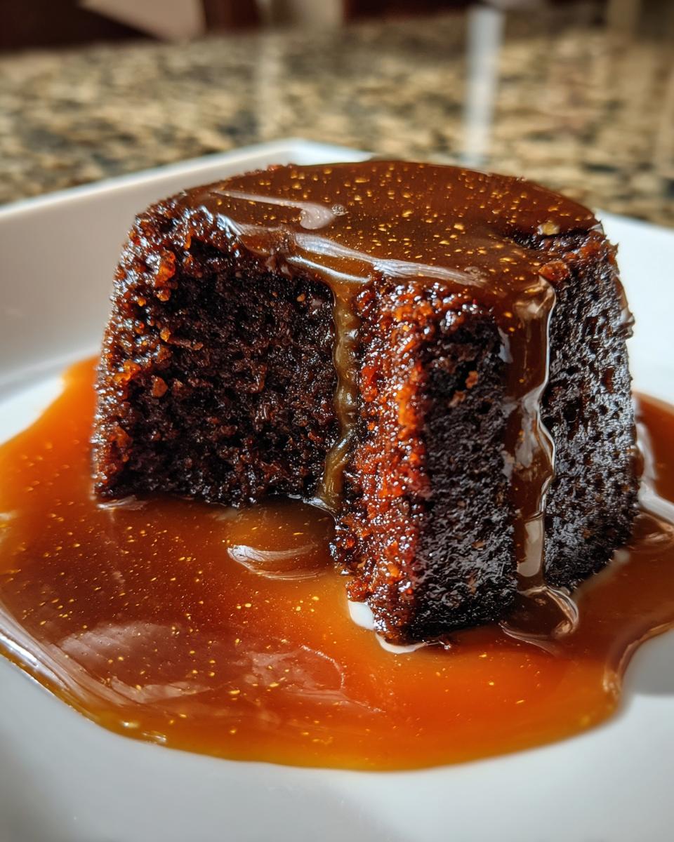 Close-up of a single serving of moist sticky toffee pudding recipe drenched in rich toffee sauce.