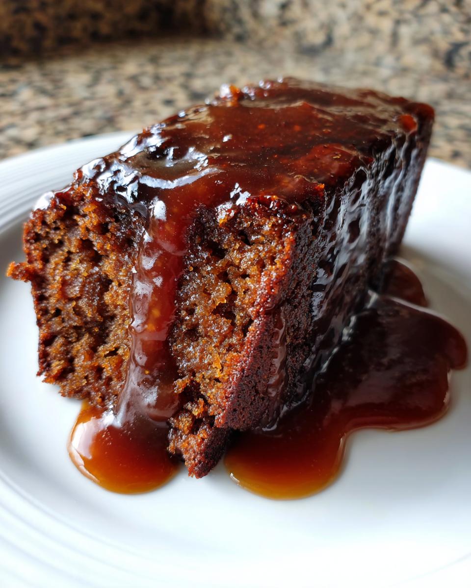 Close-up of a rich, dark slice of sticky toffee pudding covered in thick, glossy toffee sauce.