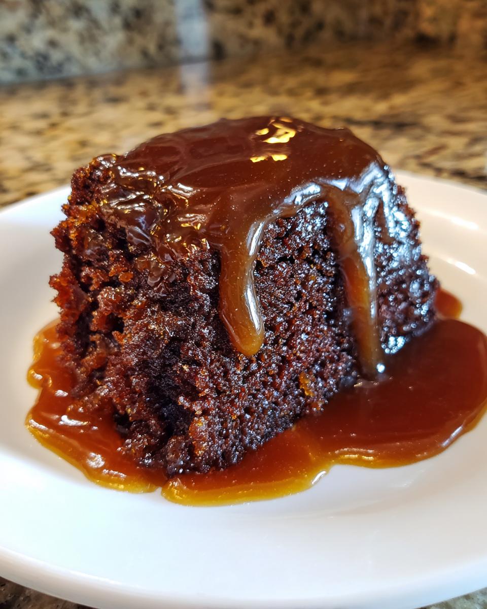 A close-up of a rich, dark slice of sticky toffee pudding generously covered in warm toffee sauce.