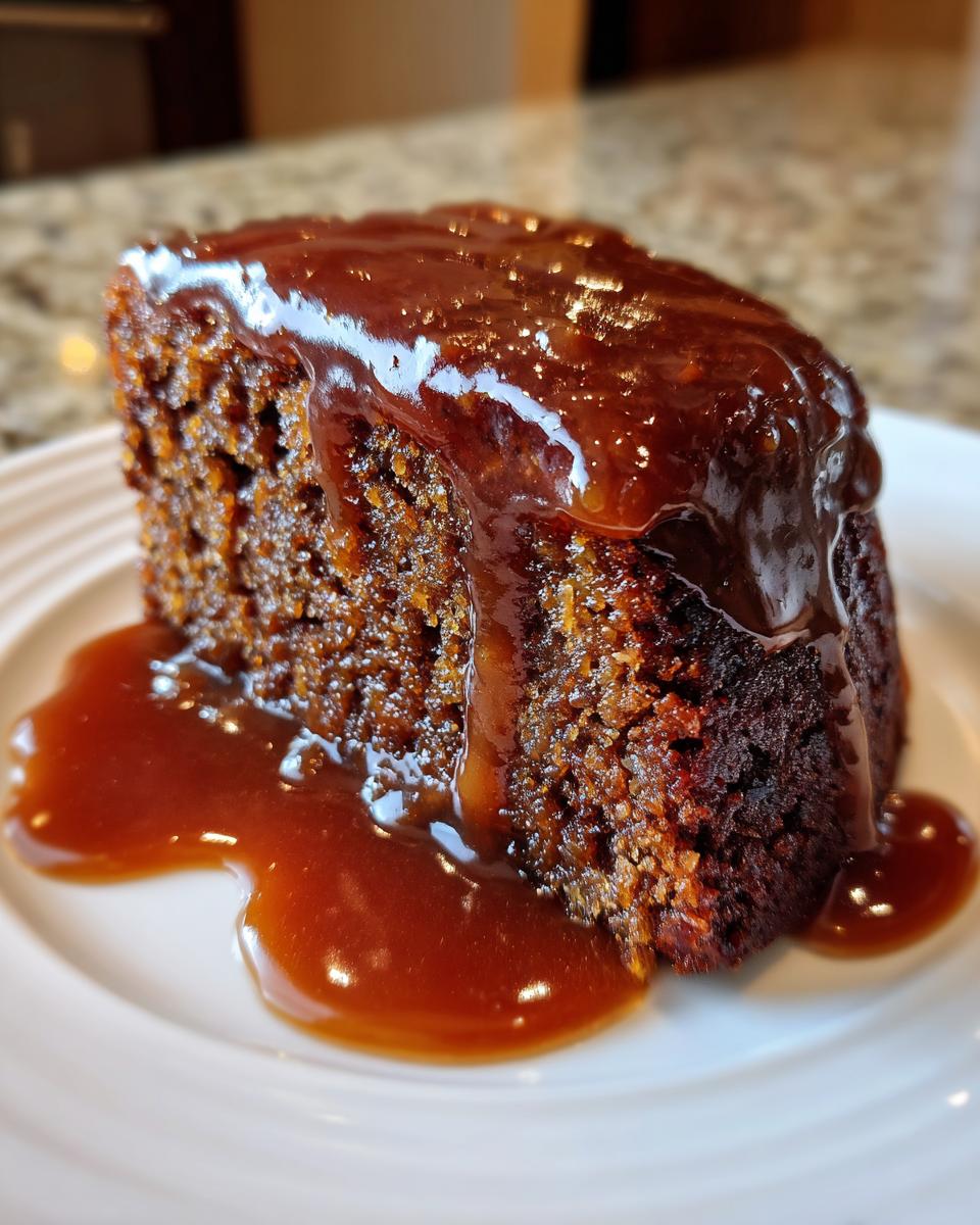 Close-up of a moist slice of sticky toffee pudding generously covered in warm, glossy toffee sauce.