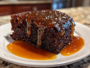 A rich, dark slice of sticky toffee pudding drenched in thick, glossy toffee sauce.