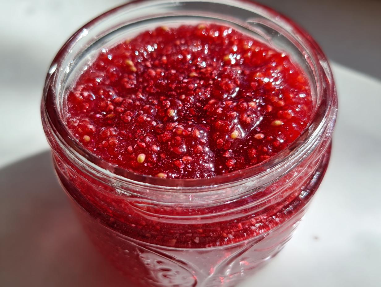 Close-up view of vibrant red strawberry freezer jam, showing visible seeds, inside a clear glass jar.