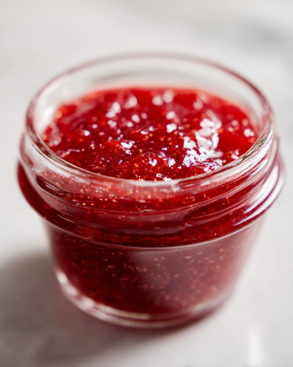 Close-up of bright red strawberry freezer jam filled in a small glass jar, showing texture.