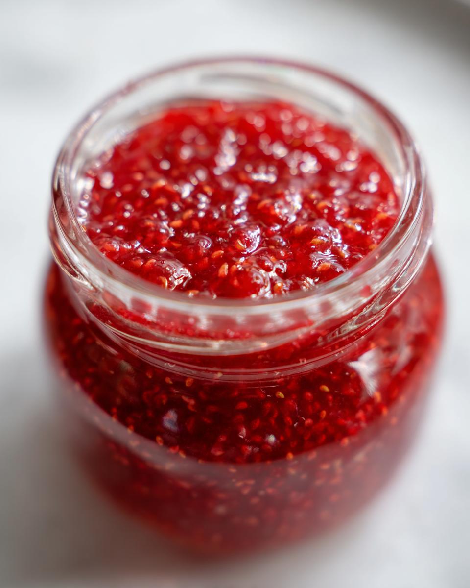 Close-up overhead view of bright red strawberry freezer jam filling a small glass jar.