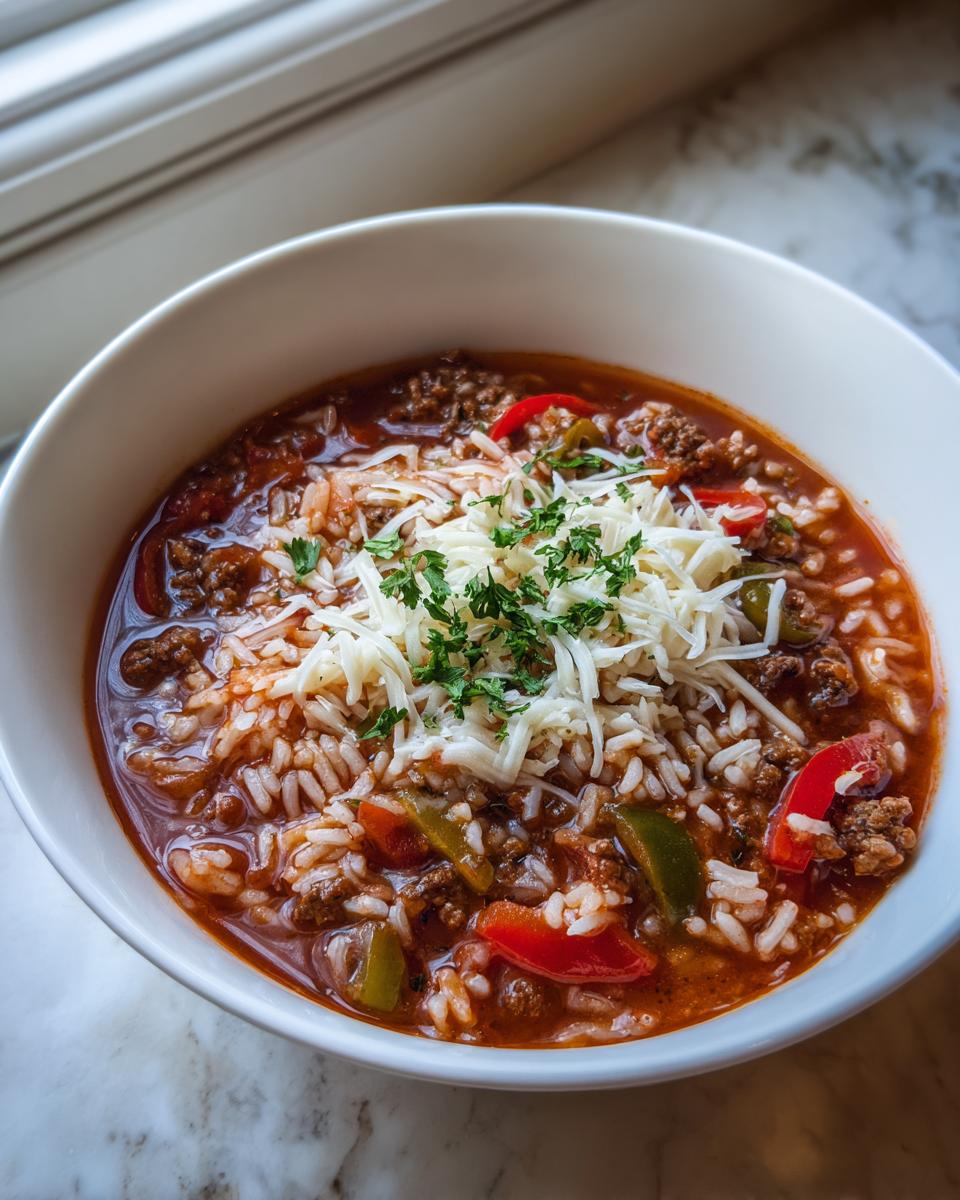 A close-up of a white bowl filled with stuffed pepper soup, featuring ground beef, rice, peppers, topped with shredded cheese and parsley.