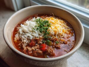 A hearty bowl of stuffed pepper soup topped with white rice, shredded cheddar cheese, and fresh parsley.