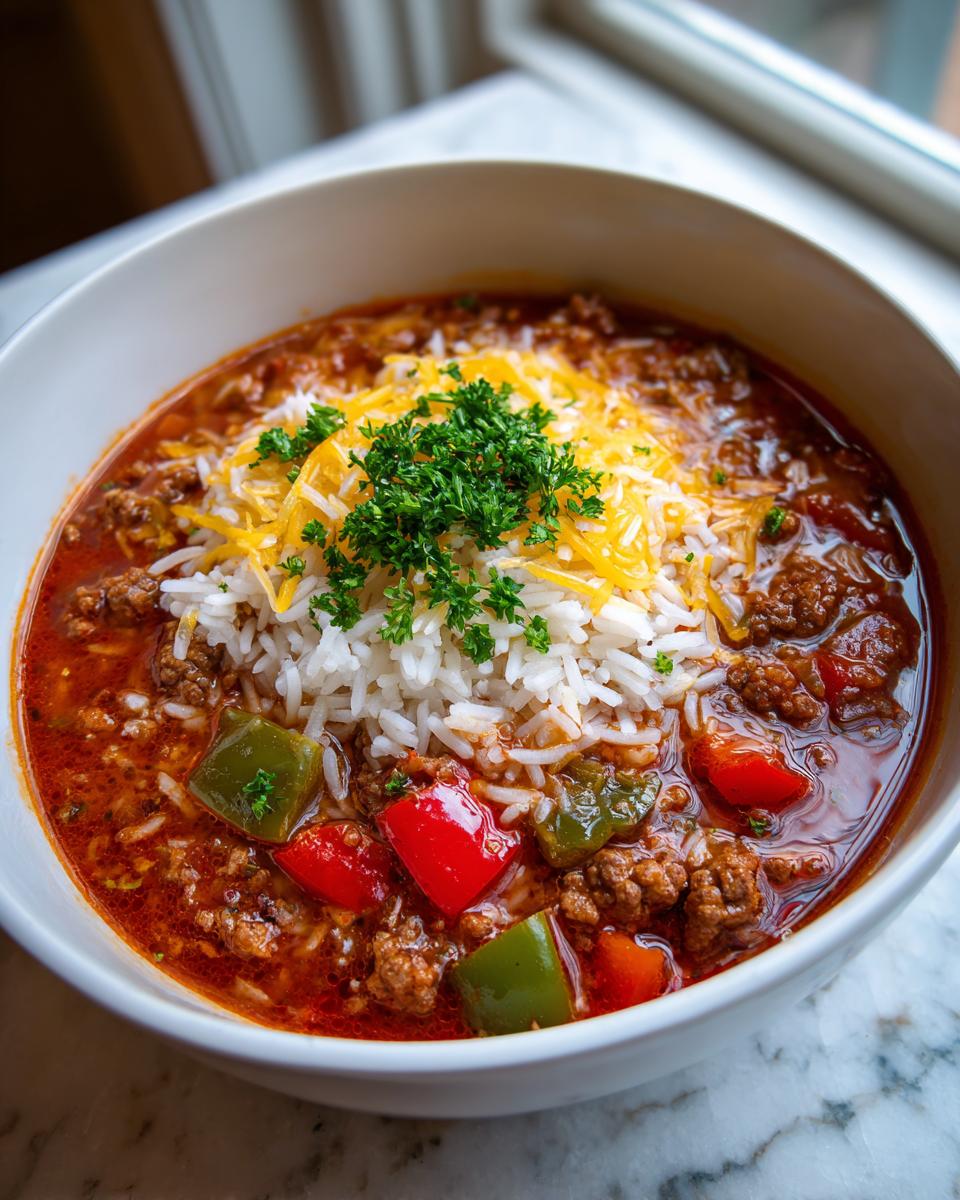 A bowl of rich stuffed pepper soup topped with white rice, shredded cheddar cheese, and fresh parsley.