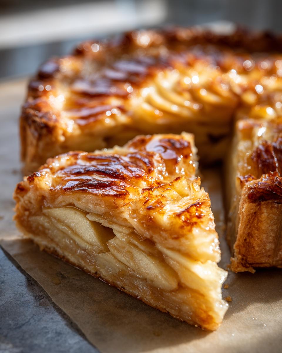 Close-up of a thick slice of golden brown apple tart, showing layers of thinly sliced apples and a shiny glaze.
