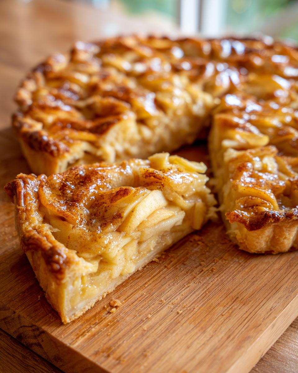 Close-up of a slice of stunning apple tart showing layers of baked apples and a golden, glazed crust.