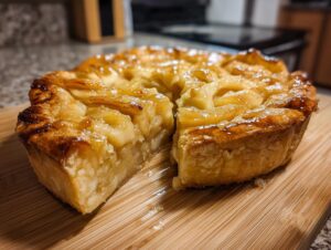 A freshly baked, glossy apple tart with a slice cut out, revealing the thick apple filling.