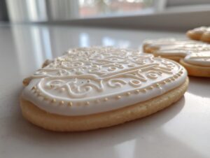 Close-up of a heart-shaped sugar cookie decorated with smooth white royal sugar cookie icing and gold sprinkles.