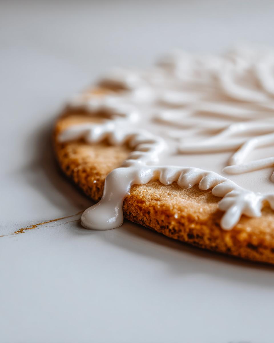 Close-up shot showing thick, white sugar cookie icing dripping over the edge of a baked sugar cookie.