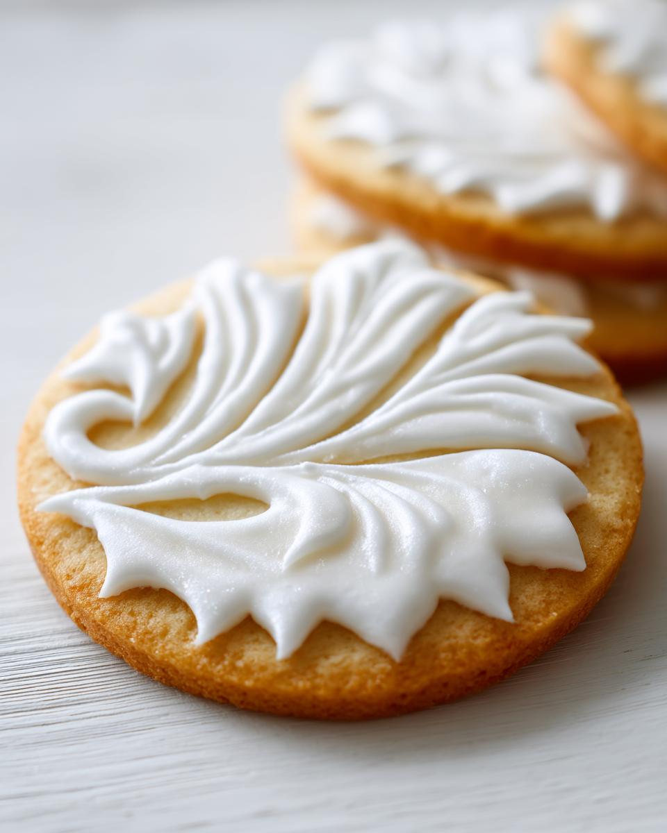 Close-up of a round sugar cookie topped with thick, piped white sugar cookie icing in a feather design.