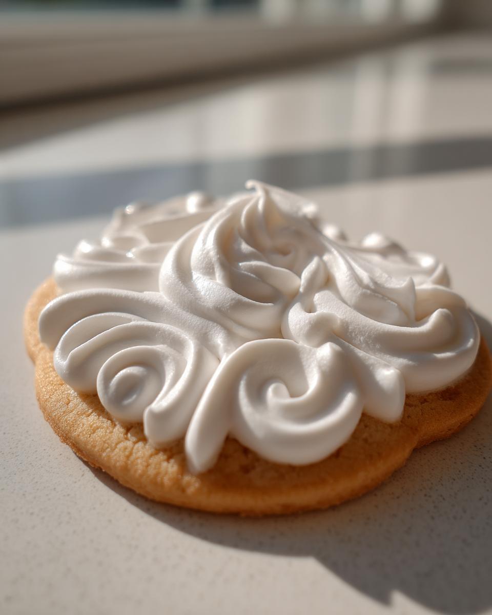 Close-up of a baked sugar cookie topped with thick, piped white sugar cookie icing in elegant swirls.