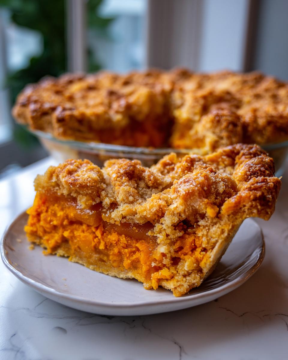 A close-up slice of rich orange sweet potato cobbler with a thick, golden crumb topping served on a small plate.