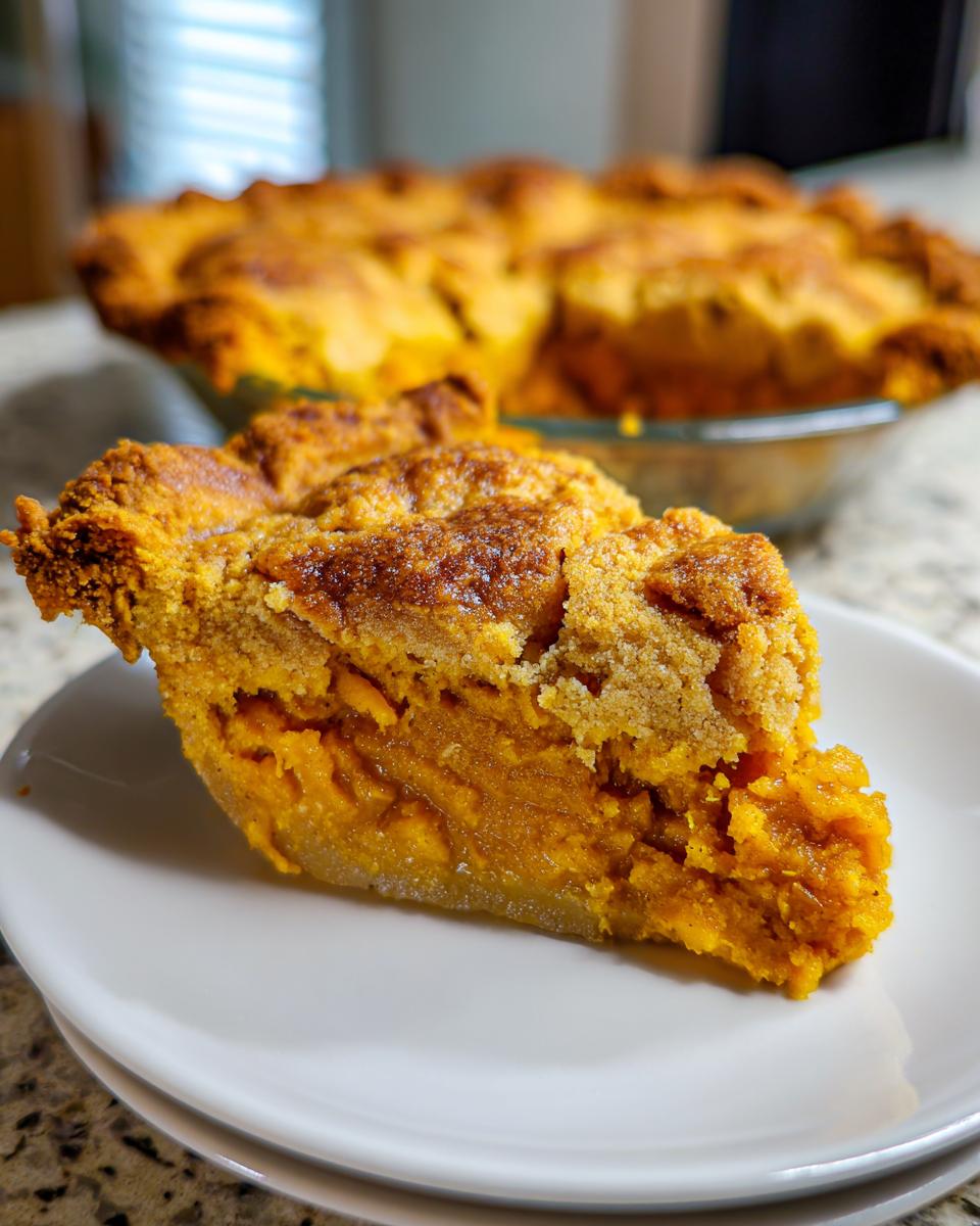 A close-up slice of rich, orange sweet potato cobbler with a thick, sugary crumble topping on a white plate.