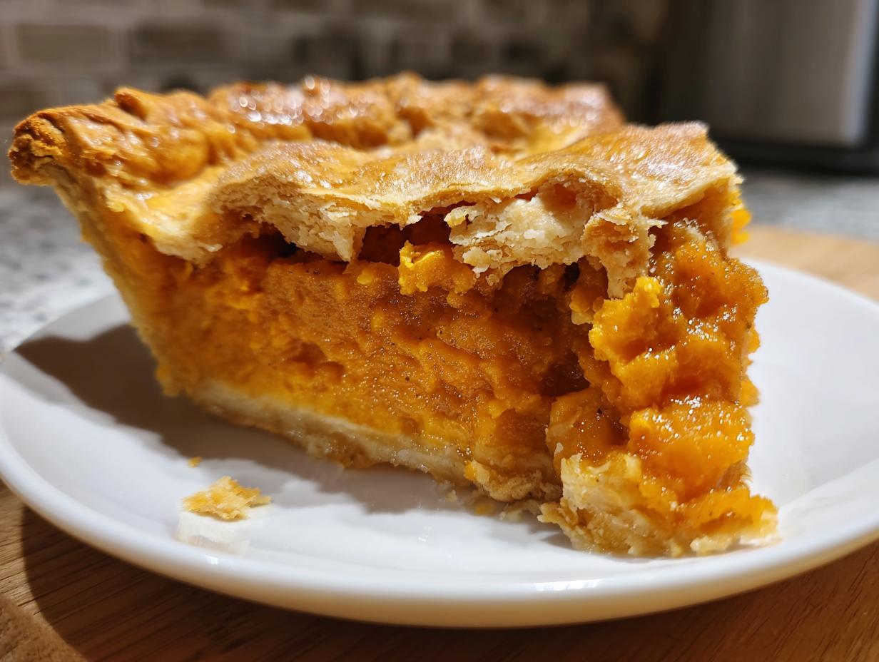 A close-up of a generous slice of sweet potato cobbler showing the rich orange filling and flaky golden crust.
