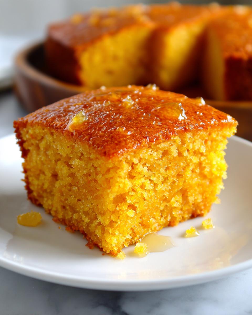 A close-up of a square slice of bright orange sweet potato cornbread drizzled with a shiny glaze, served on a white plate.