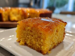 Close-up of a square slice of moist, orange-hued sweet potato cornbread topped with a shiny glaze.