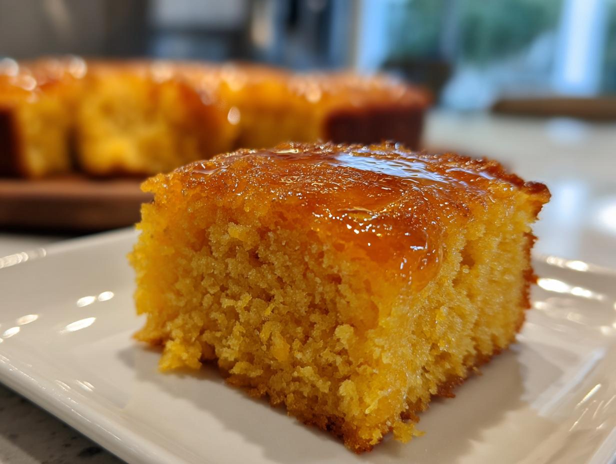 Close-up of a square slice of moist, orange-hued sweet potato cornbread topped with a shiny glaze.