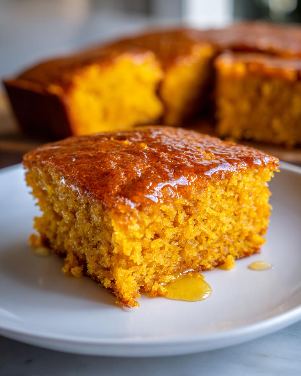 A close-up of a square slice of moist, orange sweet potato cornbread drizzled with a shiny glaze, resting on a white plate.