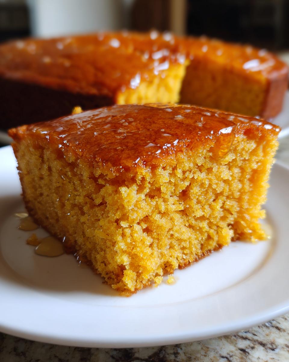 A close-up of a moist slice of sweet potato cornbread drizzled with a shiny honey glaze, sitting on a white plate.