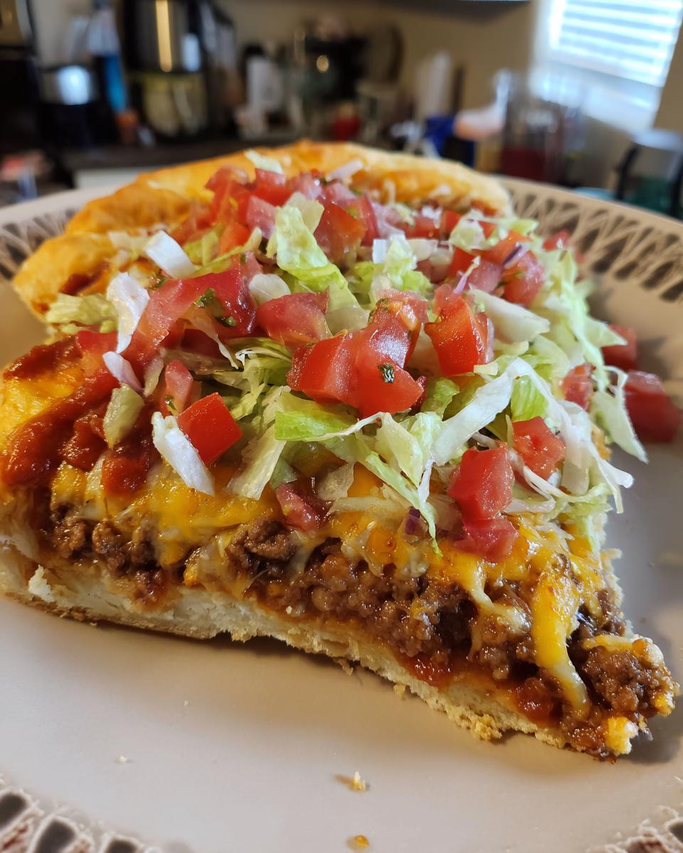 A generous slice of taco pizza featuring seasoned ground beef, melted cheese, and topped with shredded lettuce and diced tomatoes.