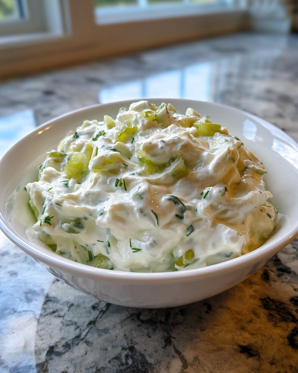 A close-up of a bowl filled with creamy, chunky homemade tartar sauce recipe, featuring visible pickle relish and dill.